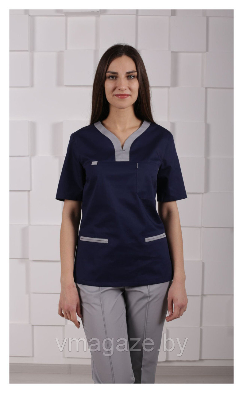 Медицинская женская блуза (с отделкой, цвет т-синий) - фото 4 - id-p176438131