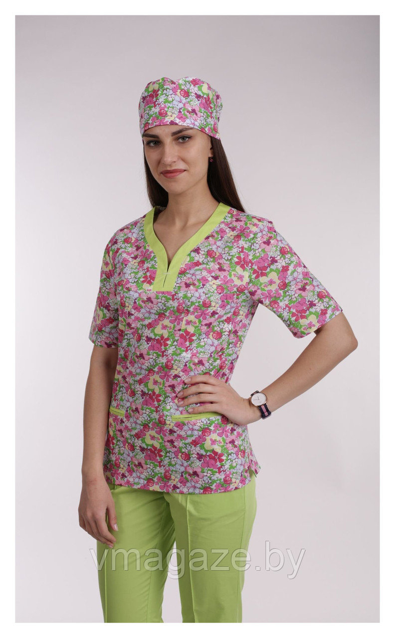 Медицинская женская блуза (с отделкой, цветочный принт) - фото 4 - id-p176438429