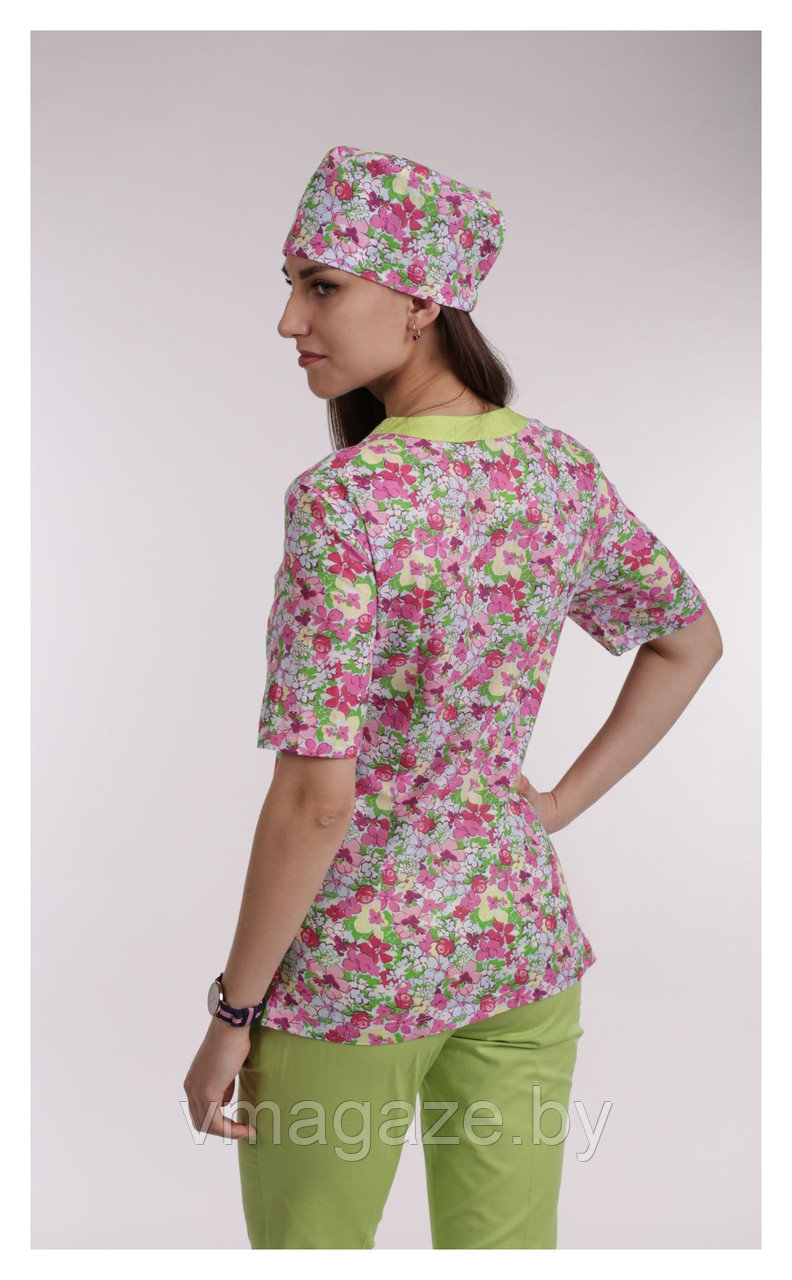 Медицинская женская блуза (с отделкой, цветочный принт) - фото 3 - id-p176438429