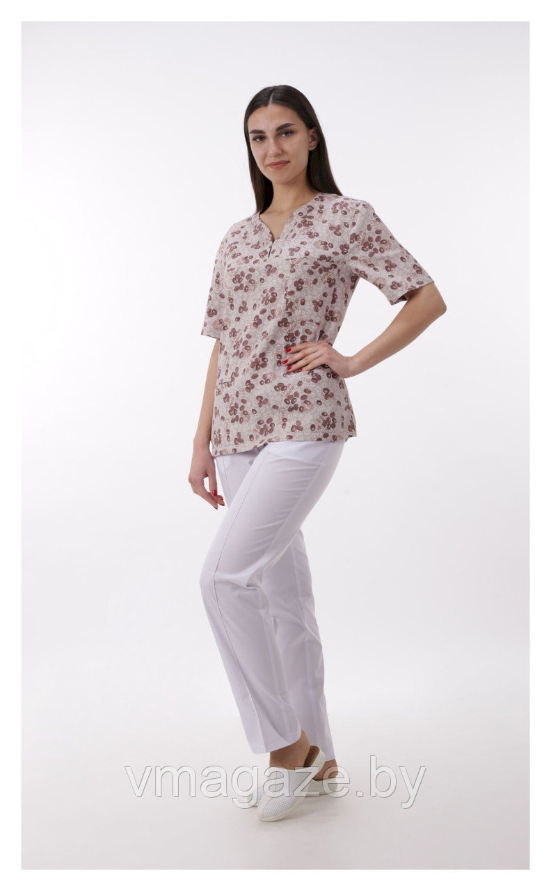 Медицинская женская блуза 100%х/б ( кофейный принт) - фото 1 - id-p176438497