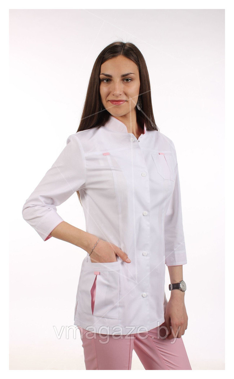 Медицинский жакет, женский (отделка розовая, цвет белый) - фото 2 - id-p176473665