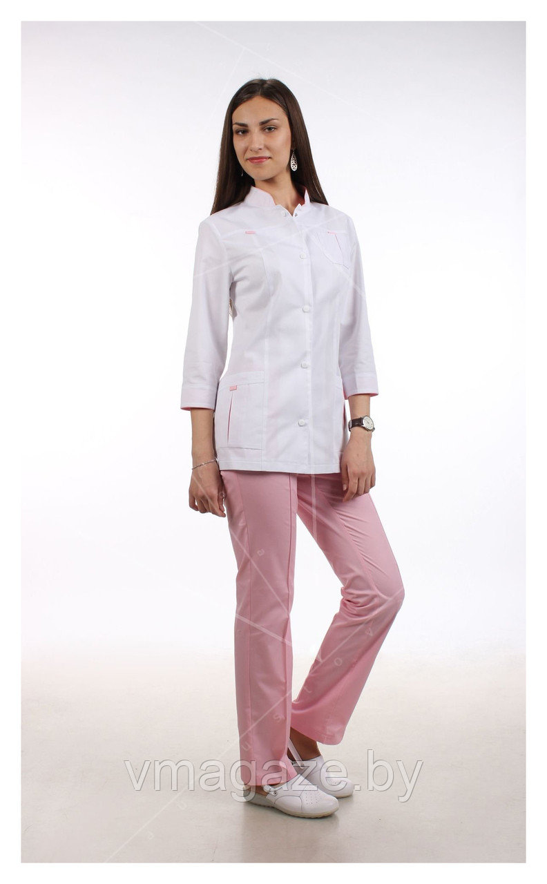 Медицинский жакет, женский (отделка розовая, цвет белый) - фото 1 - id-p176473665