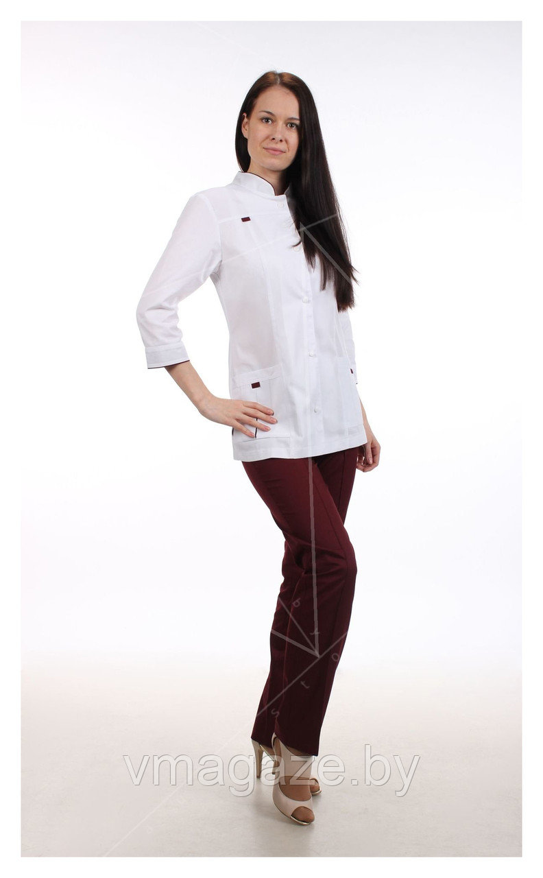 Медицинский жакет, женский (отделка бордо, цвет белый) - фото 1 - id-p176473724
