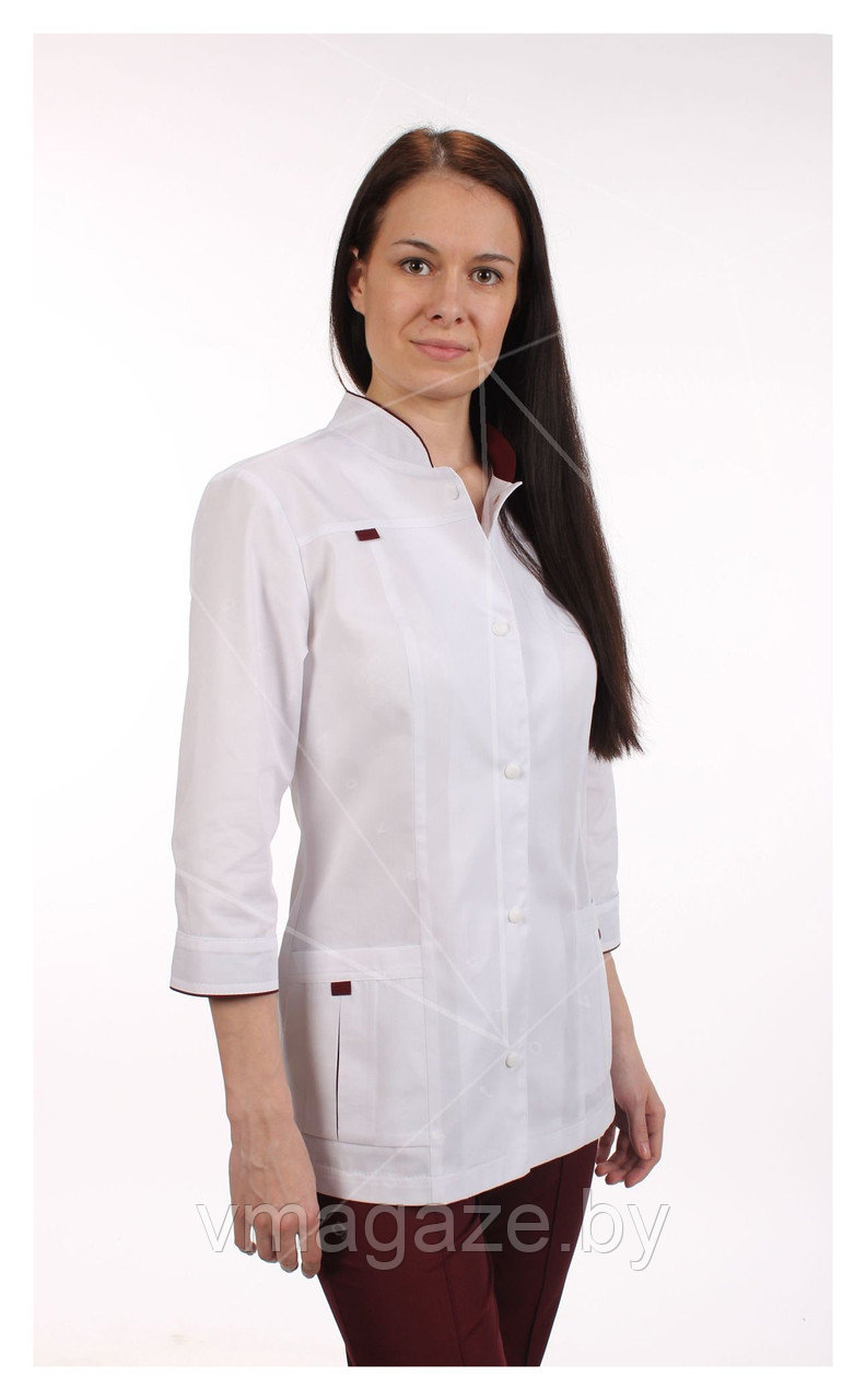 Медицинский жакет, женский (отделка бордо, цвет белый) - фото 2 - id-p176473724