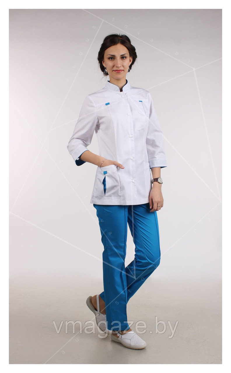 Медицинский жакет, женский (отделка лазурная, цвет белый) - фото 1 - id-p176473915