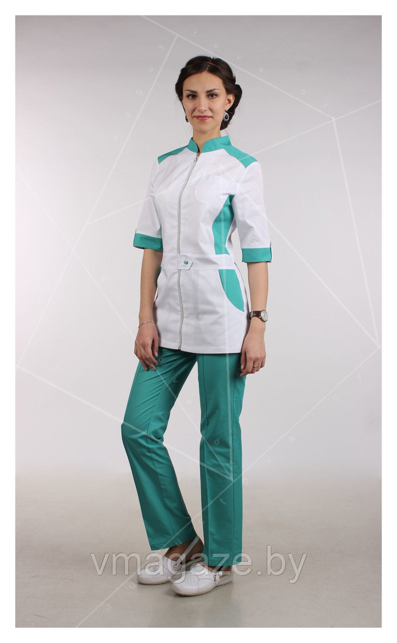 Медицинский жакет, женский (отделка мятная, цвет белый) - фото 3 - id-p176475154