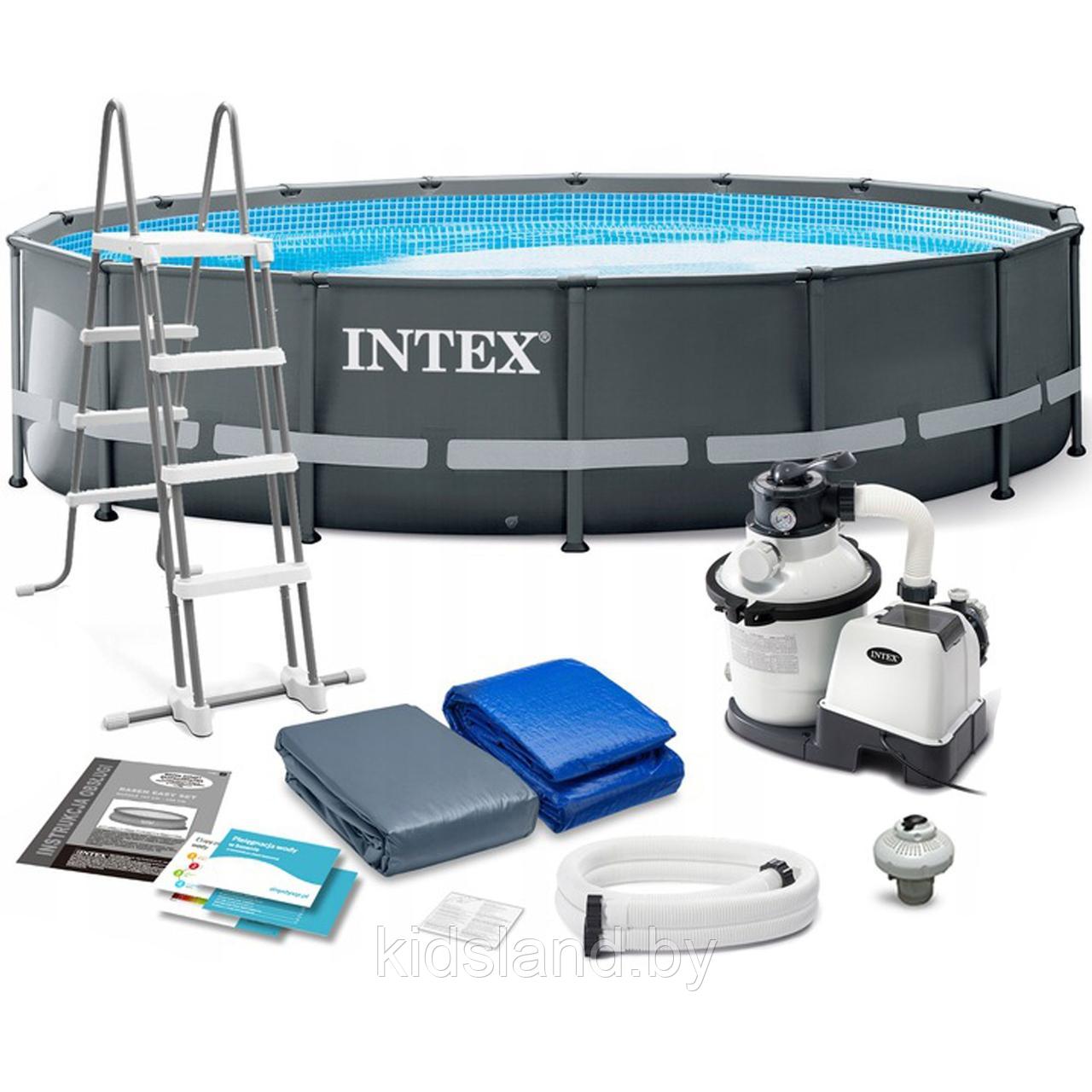 Каркасный бассейн Intex 488x122см, арт. 26326 +песочный фильтр-насос 4500 л/ч + лестница