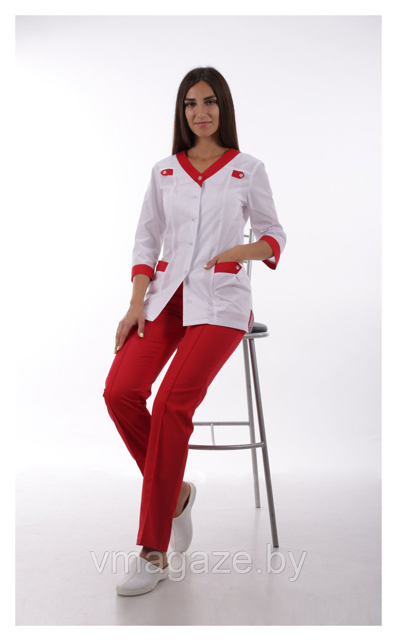 Медицинский жакет, женский (отделка красная, цвет белый) - фото 2 - id-p176476840