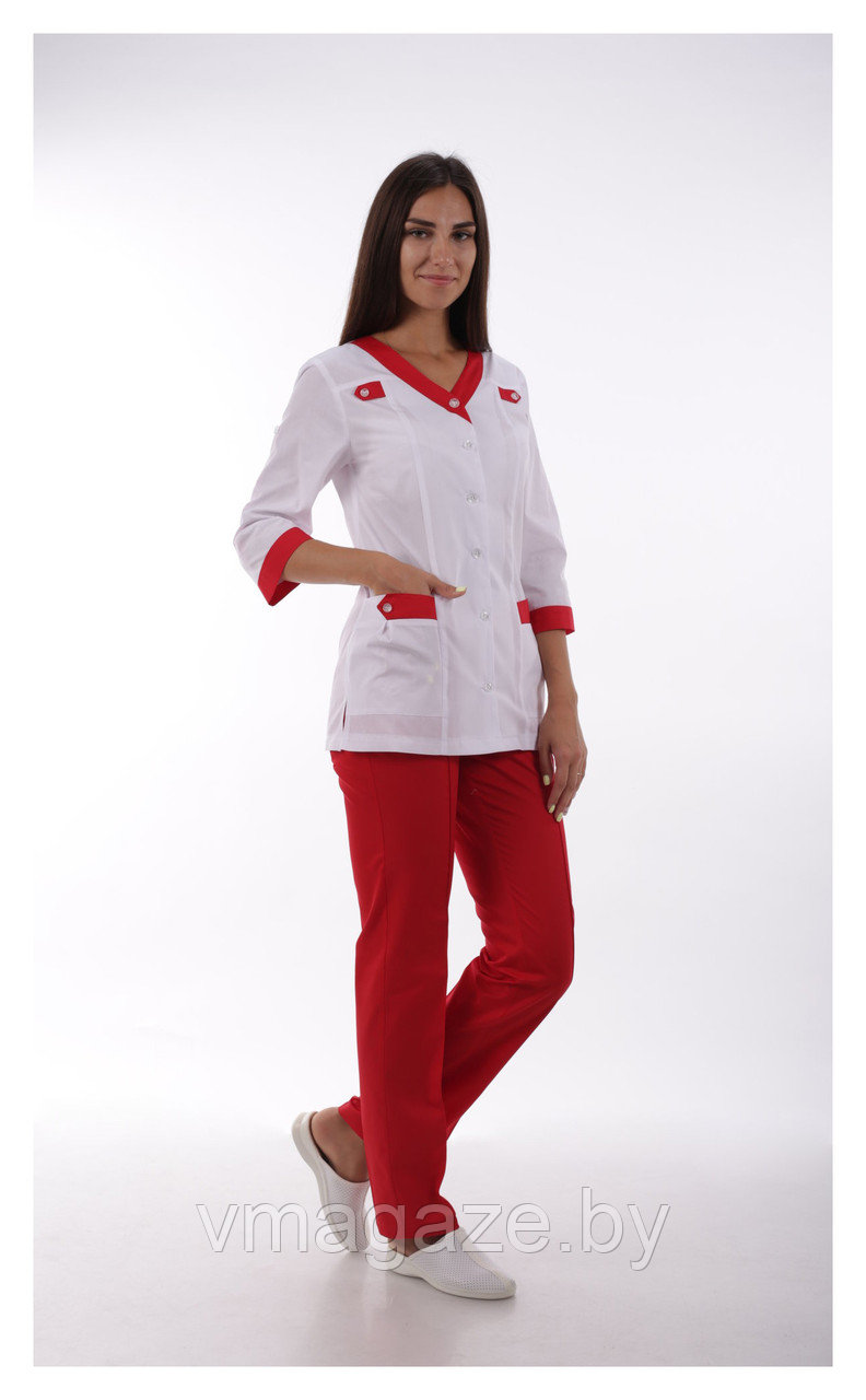 Медицинский жакет, женский (отделка красная, цвет белый) - фото 1 - id-p176476840