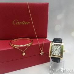 Акция Подарочный набор CartER (браслет, подвеска, часы) Золото, черный ремешок