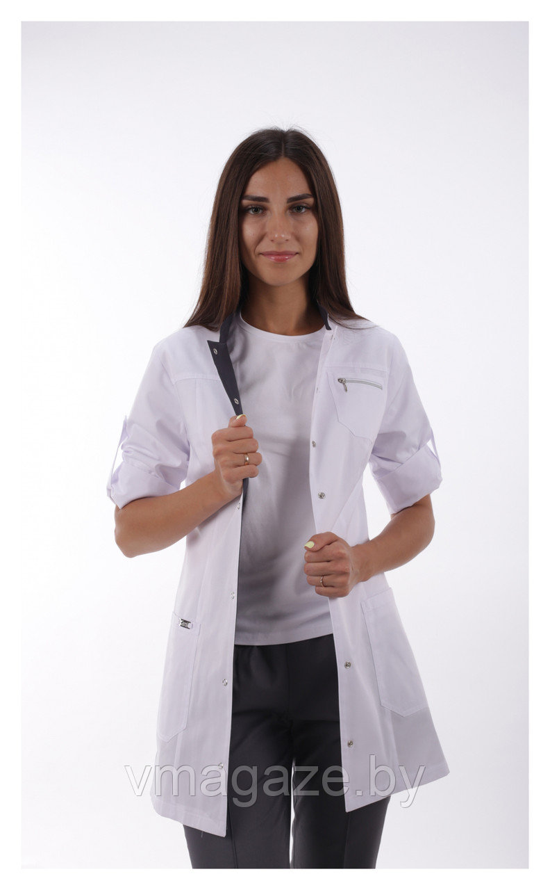 Медицинский жакет, женский (отделка т-серая, цвет белый) - фото 2 - id-p176506451