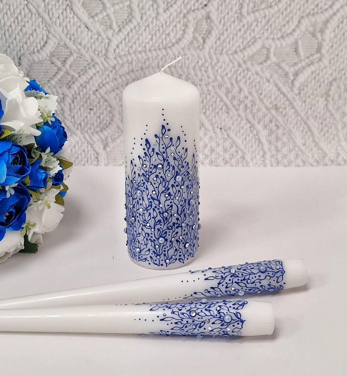 Набор свадебных свечей "Нежность" для обряда "Семейный очаг" в синем цвете
