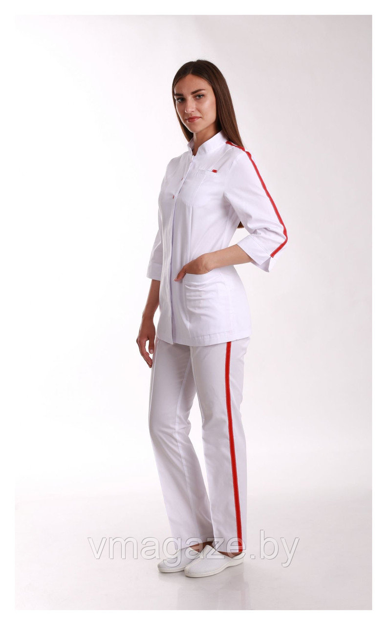 Медицинский костюм, женский, 145 (отделка красная, цвет белый) - фото 1 - id-p176507558