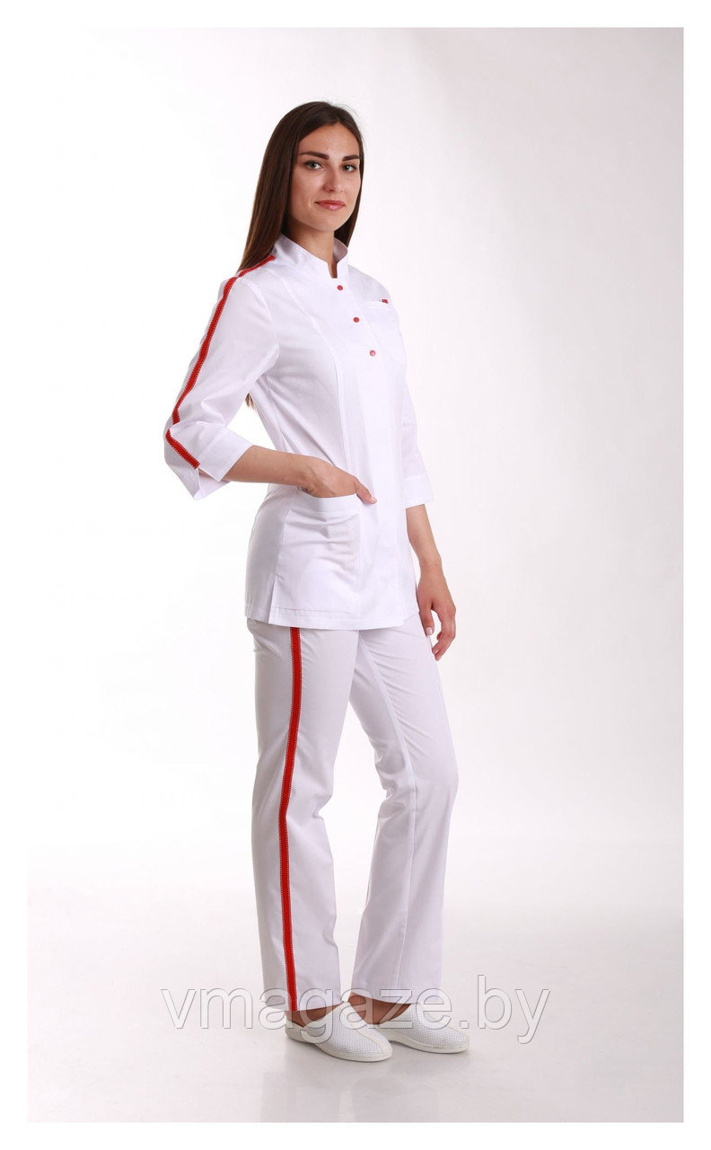 Медицинский костюм, женский, 145 (отделка красная, цвет белый) - фото 2 - id-p176507558
