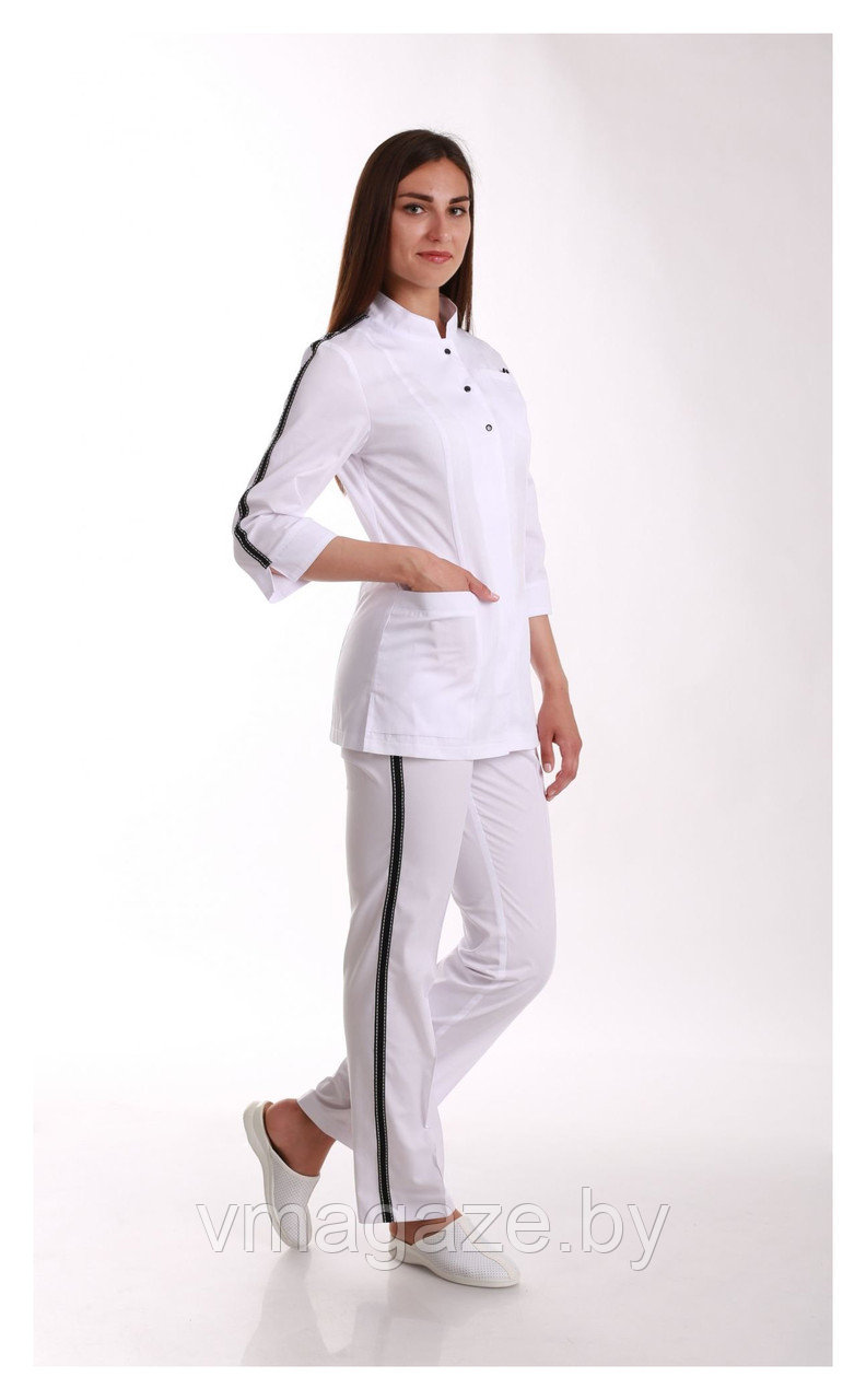 Медицинский костюм, женский, 145 (отделка черная, цвет белый) - фото 1 - id-p176507559
