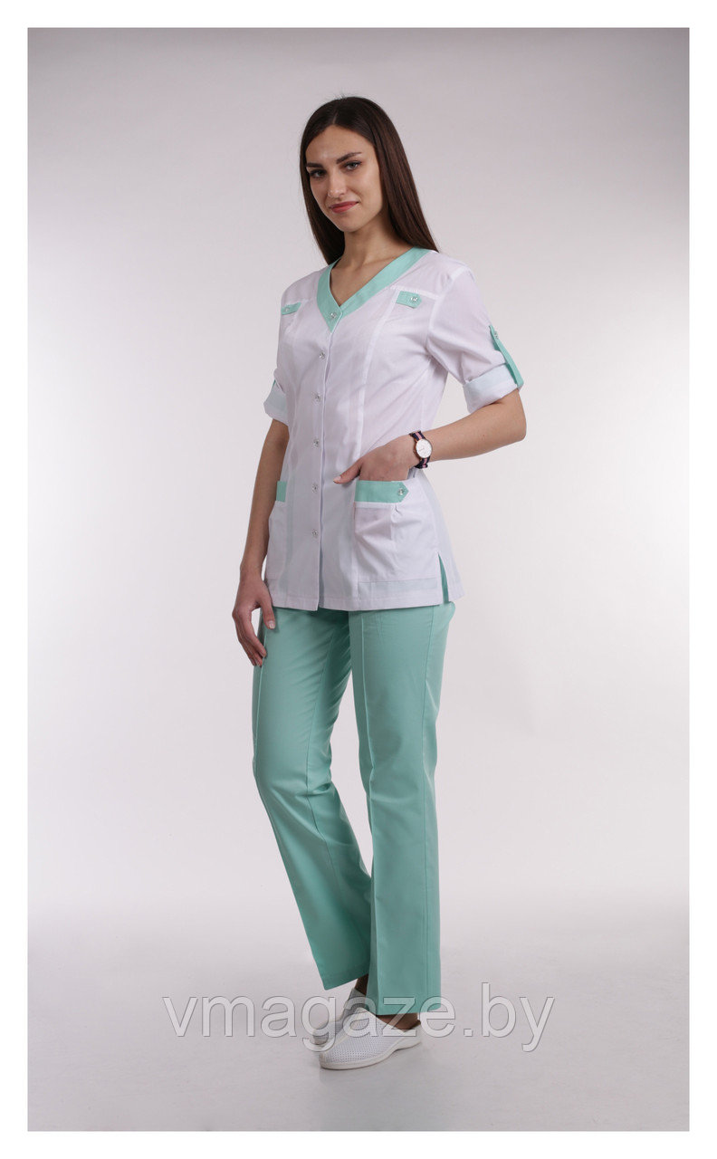 Медицинский костюм, женский (отделка мятная, цвет белый)