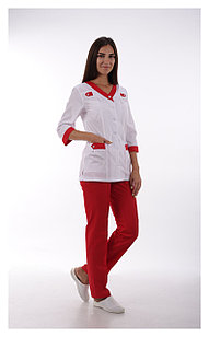 Медицинский костюм, женский (отделка красный, цвет белый)