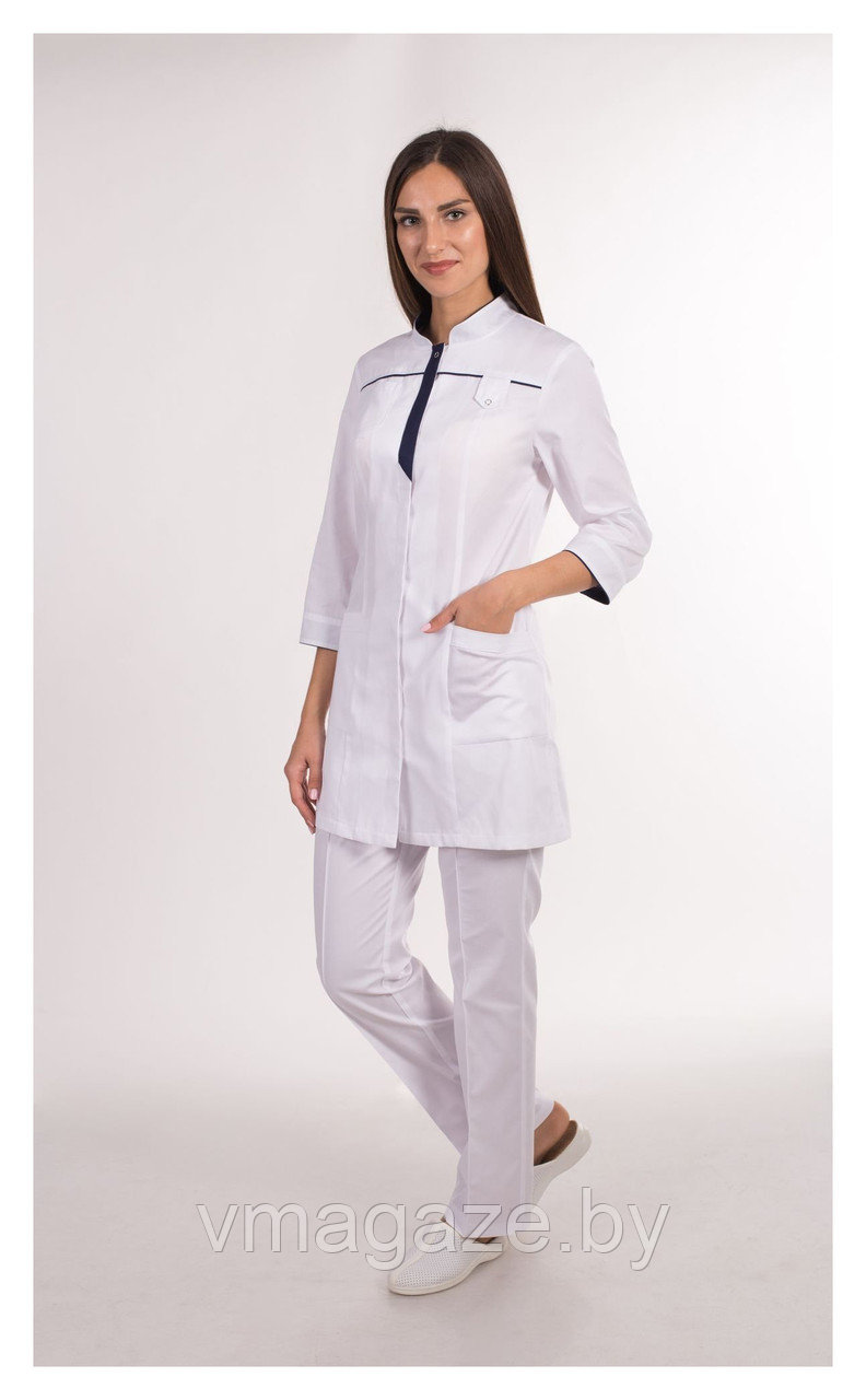 Медицинский костюм, женский (отделка т-синяя, цвет белый) - фото 1 - id-p176509142