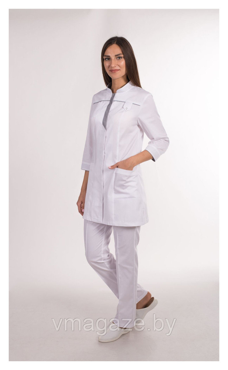 Медицинский костюм, женский (отделка с-серая, цвет белый) - фото 1 - id-p176509155
