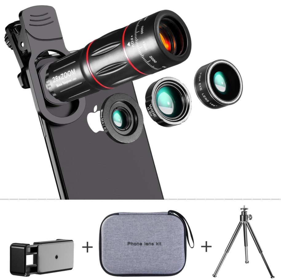 Профессиональный набор объективов для телефона 3 в 1 ( 28 х Zoom, Macro, Fish lens + штатив + чехол) - фото 2 - id-p176523105