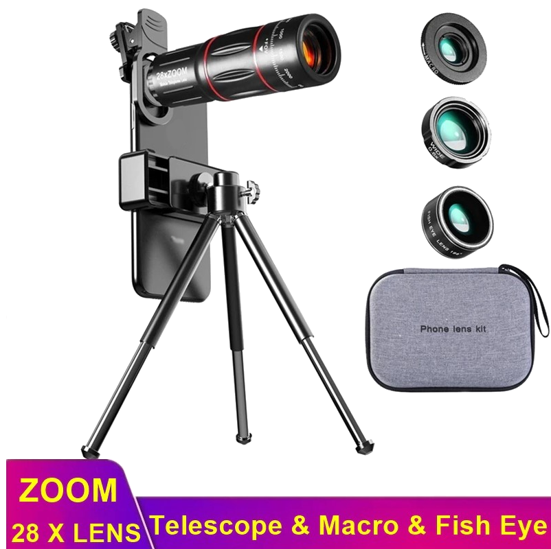 Профессиональный набор объективов для телефона 3 в 1 ( 28 х Zoom, Macro, Fish lens + штатив + чехол)