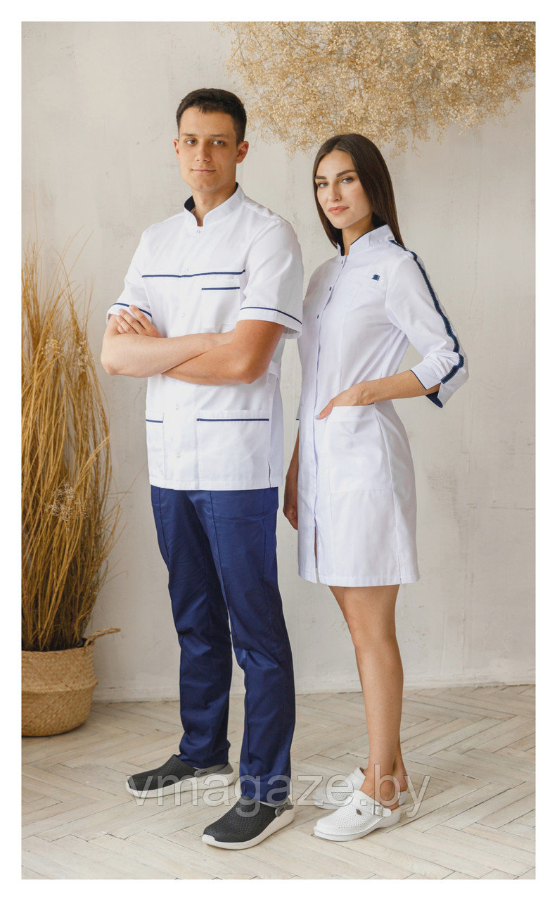Медицинская куртка, мужская (отделка т-синяя, цвет белый) - фото 1 - id-p176523959