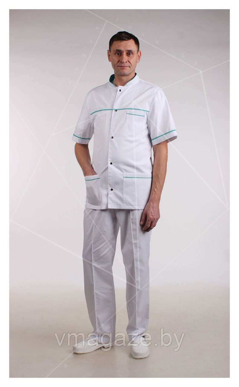 Медицинская куртка, мужская (отделка бирюза, цвет белый) - фото 1 - id-p176523965