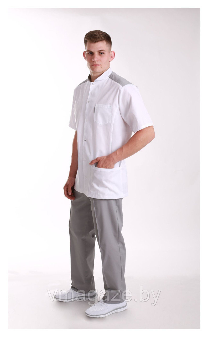 Медицинская куртка, мужская (отделка серая, цвет белый) - фото 1 - id-p176524035