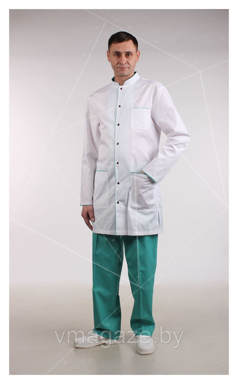 Медицинский халат, мужской (отделка бирюза, цвет белый) - фото 1 - id-p176524078
