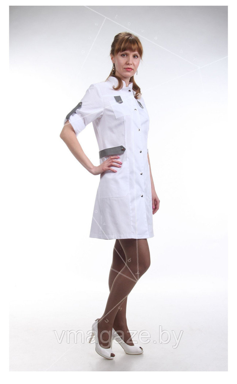 Медицинский халат, женский (отделка т-серая, цвет белый)