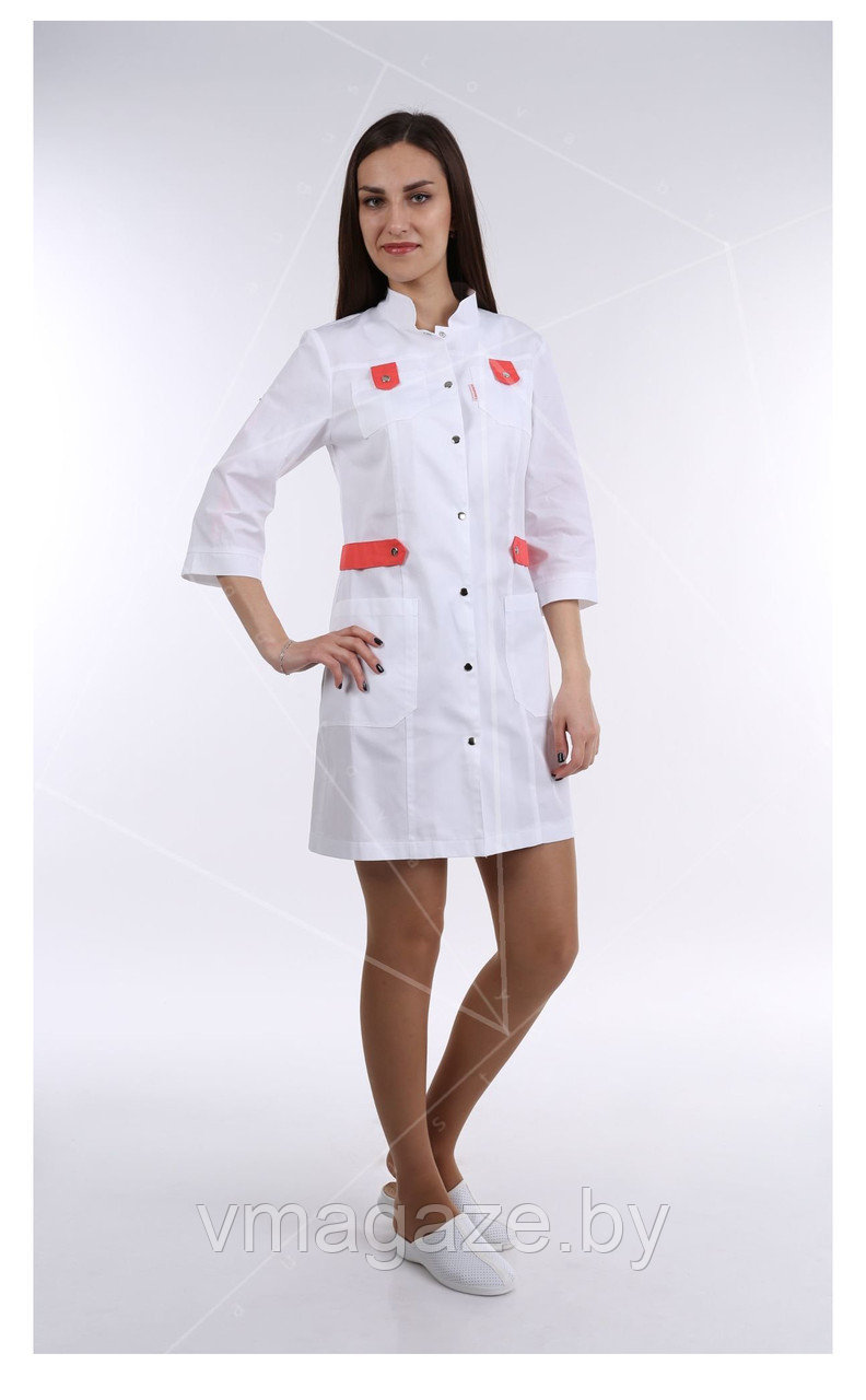 Медицинский халат, женский (отделка коралловая, цвет белый) - фото 1 - id-p176524106
