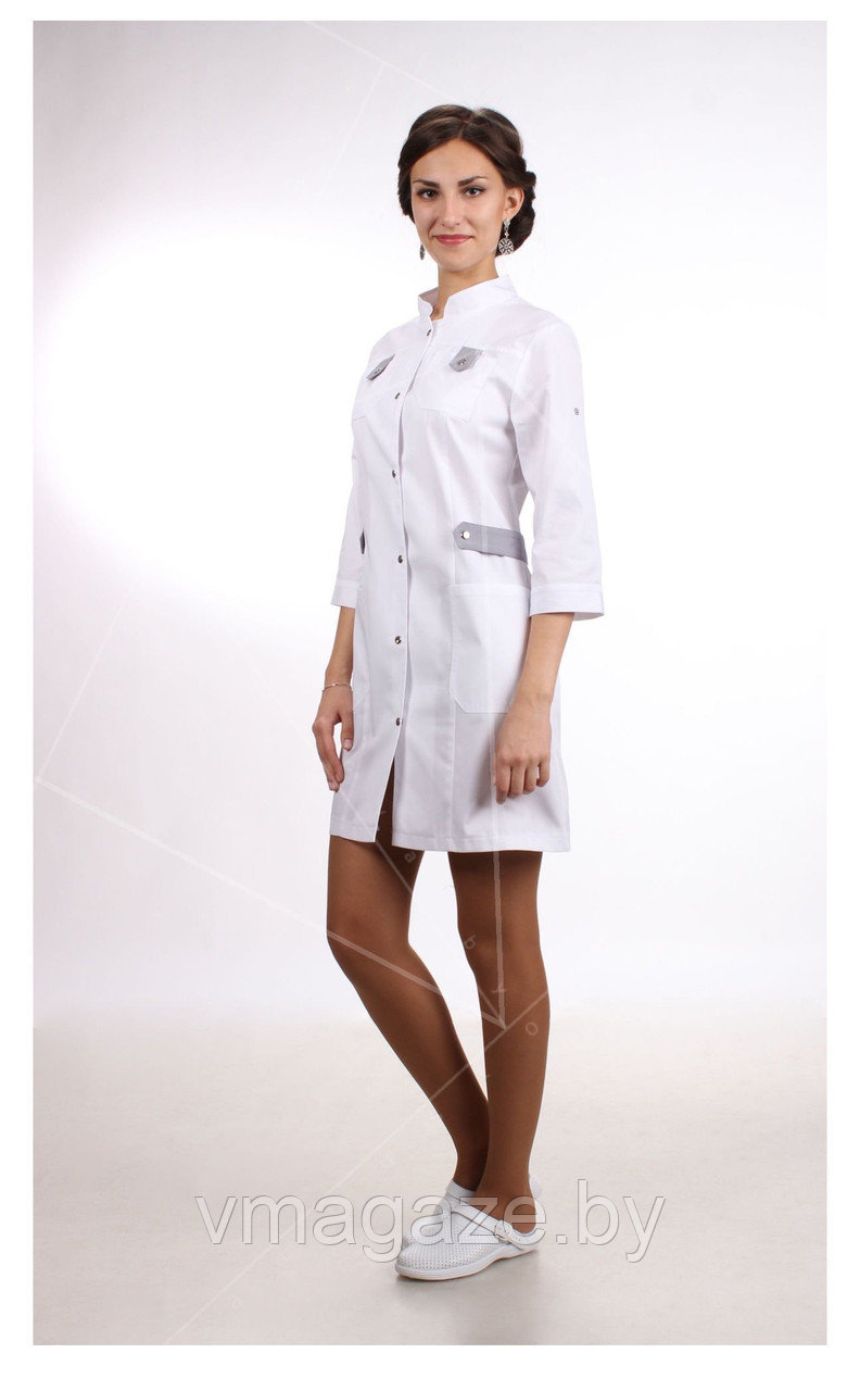 Медицинский халат, женский (отделка серая, цвет белый) - фото 1 - id-p176524109