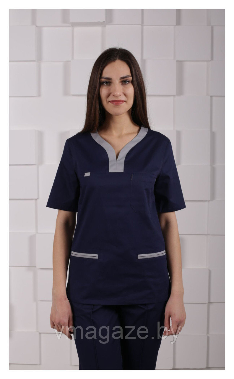 Медицинский костюм, женский М99 (отделка серая, цвет т-синий) - фото 2 - id-p176524852