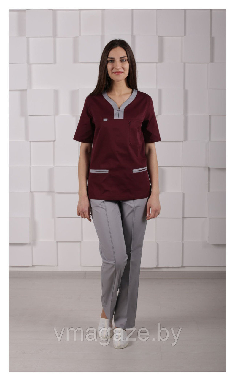 Медицинский костюм, женский М99 (отделка серая, цвет бордовый) - фото 2 - id-p176524849