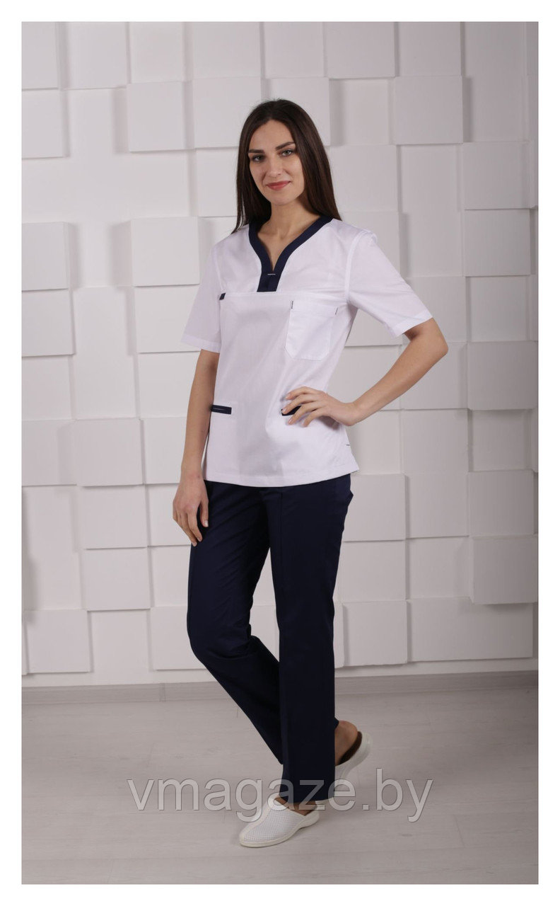 Медицинский костюм, женский М99 (отделка т-синяя, цвет белый)