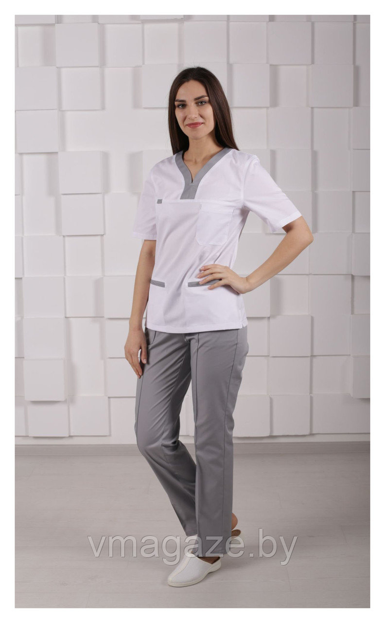 Медицинский костюм, женский М99 (отделка серая, цвет белый) - фото 1 - id-p176526054