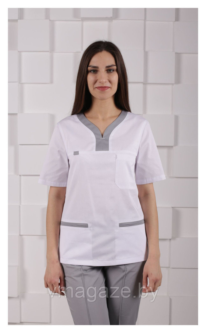 Медицинский костюм, женский М99 (отделка серая, цвет белый) - фото 2 - id-p176526054