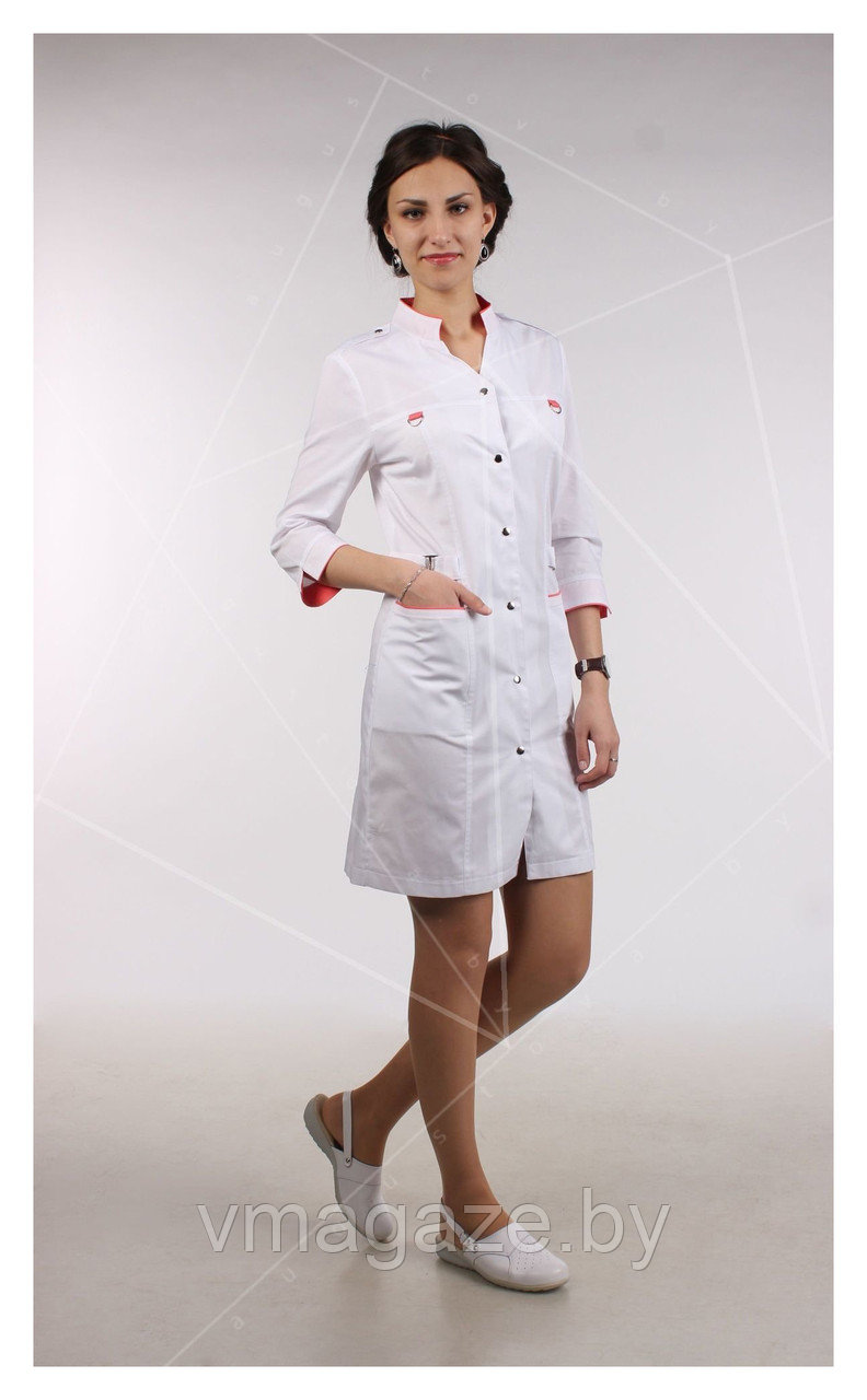 Медицинский халат, женский (отделка коралловая, цвет белый) - фото 1 - id-p176539898
