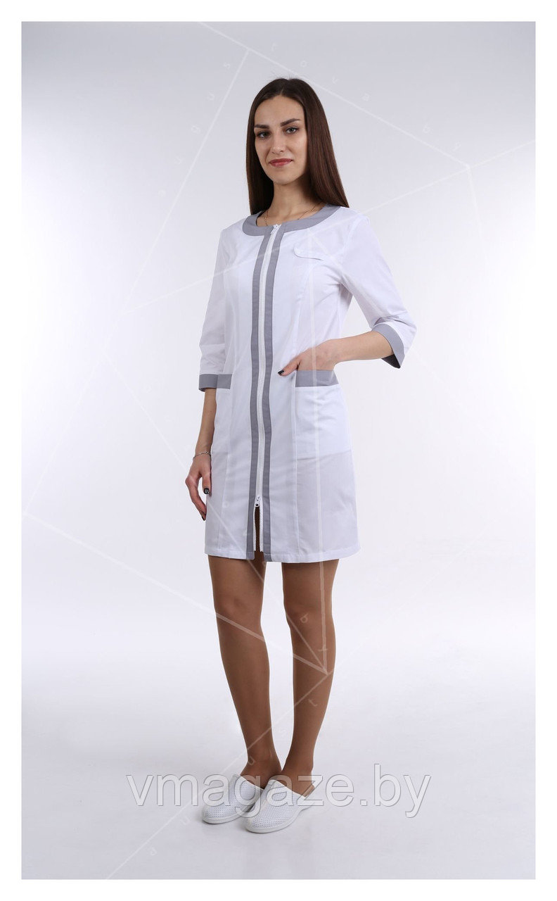 Медицинский халат, женский (отделка серая, цвет белый) - фото 1 - id-p176540014