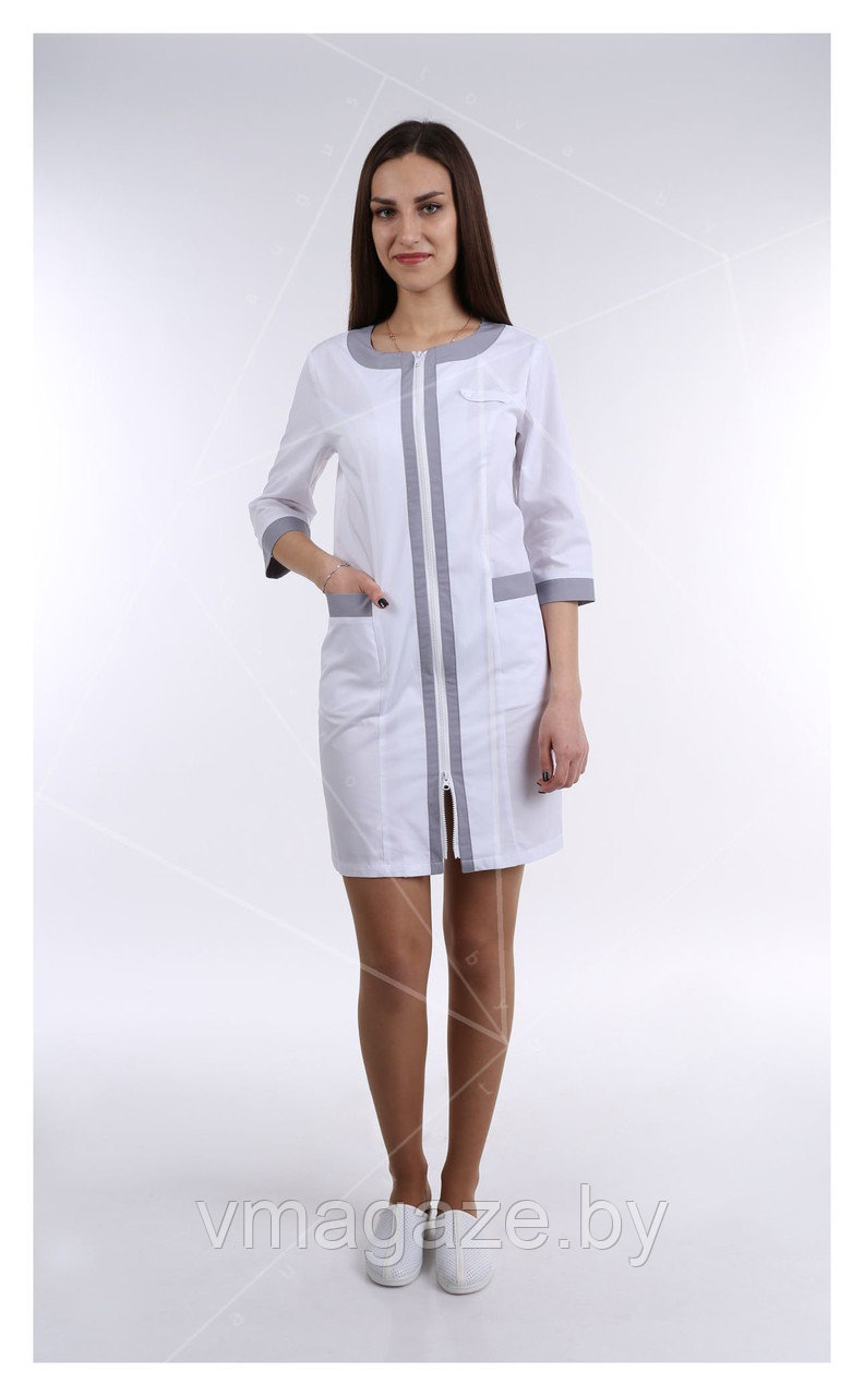 Медицинский халат, женский (отделка серая, цвет белый) - фото 2 - id-p176540014