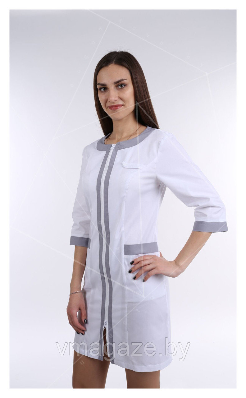 Медицинский халат, женский (отделка серая, цвет белый) - фото 3 - id-p176540014
