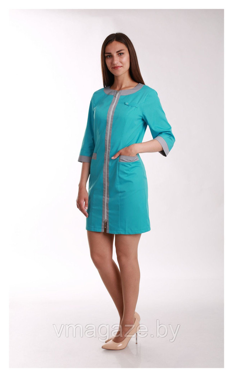 Медицинский халат, женский (отделка серая, цвет бирюзовый) - фото 1 - id-p176540028