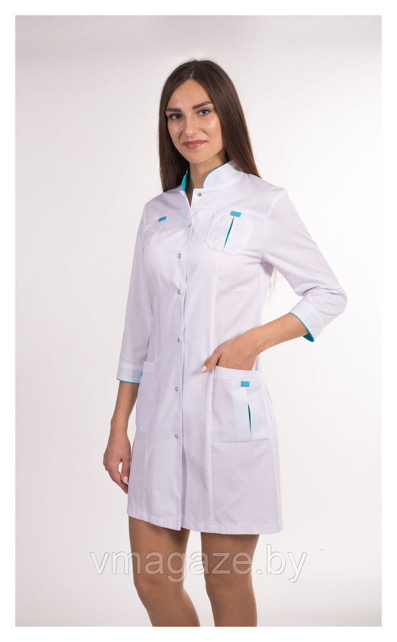 Медицинский халат, женский (отделка бирюза, цвет белый) - фото 5 - id-p176540437