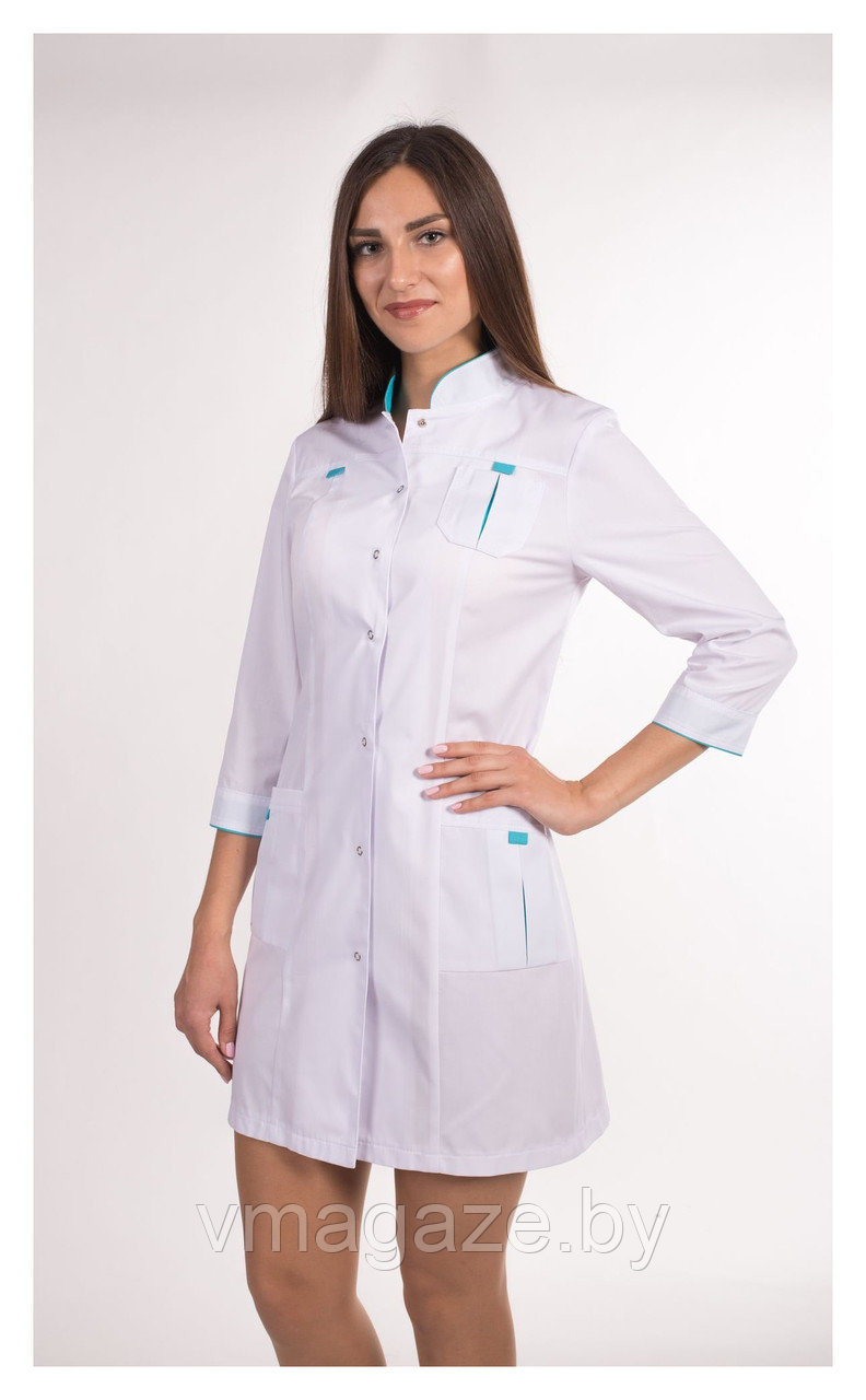 Медицинский халат, женский (отделка бирюза, цвет белый) - фото 4 - id-p176540437