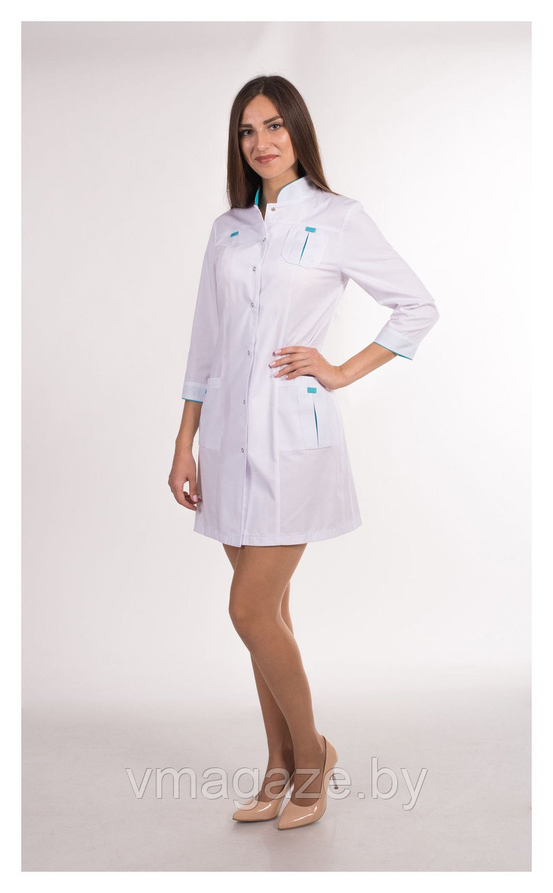 Медицинский халат, женский (отделка бирюза, цвет белый) - фото 2 - id-p176540437