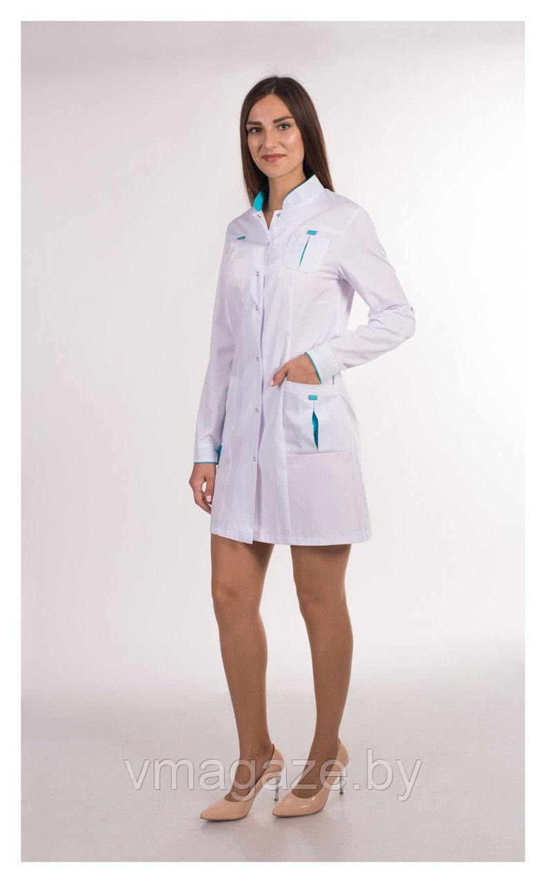 Медицинский халат, женский (отделка бирюза, цвет белый) - фото 1 - id-p176540437