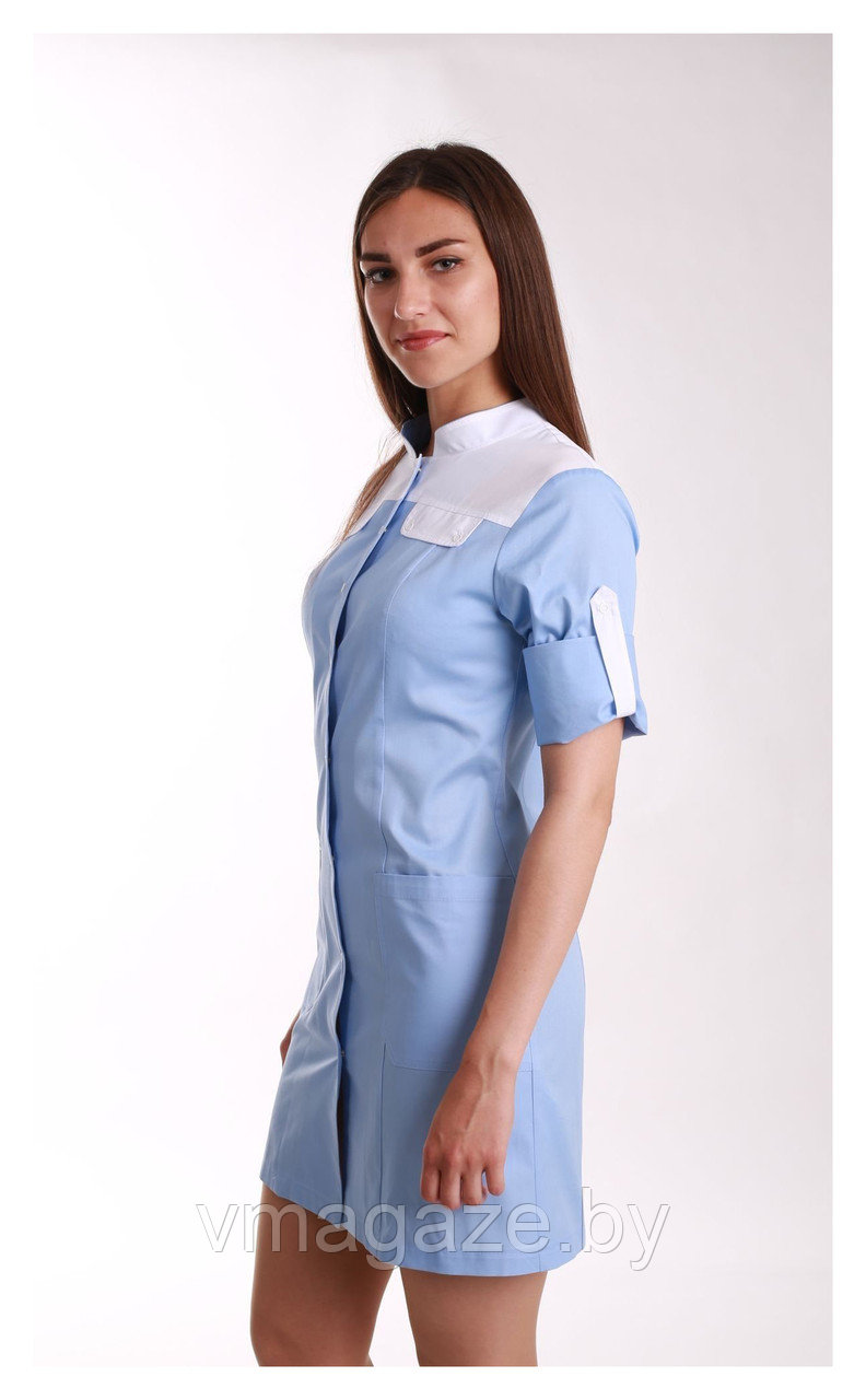 Медицинский халат, женский (отделка белая, цвет н-голубой) - фото 2 - id-p176540789
