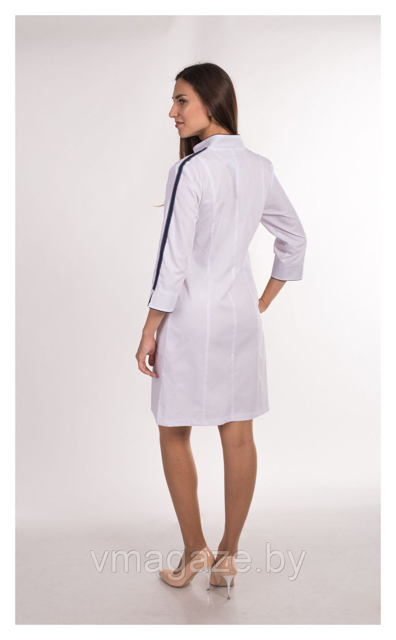 Медицинский халат, женский (отделка т-синяя, цвет белый) - фото 5 - id-p176540792