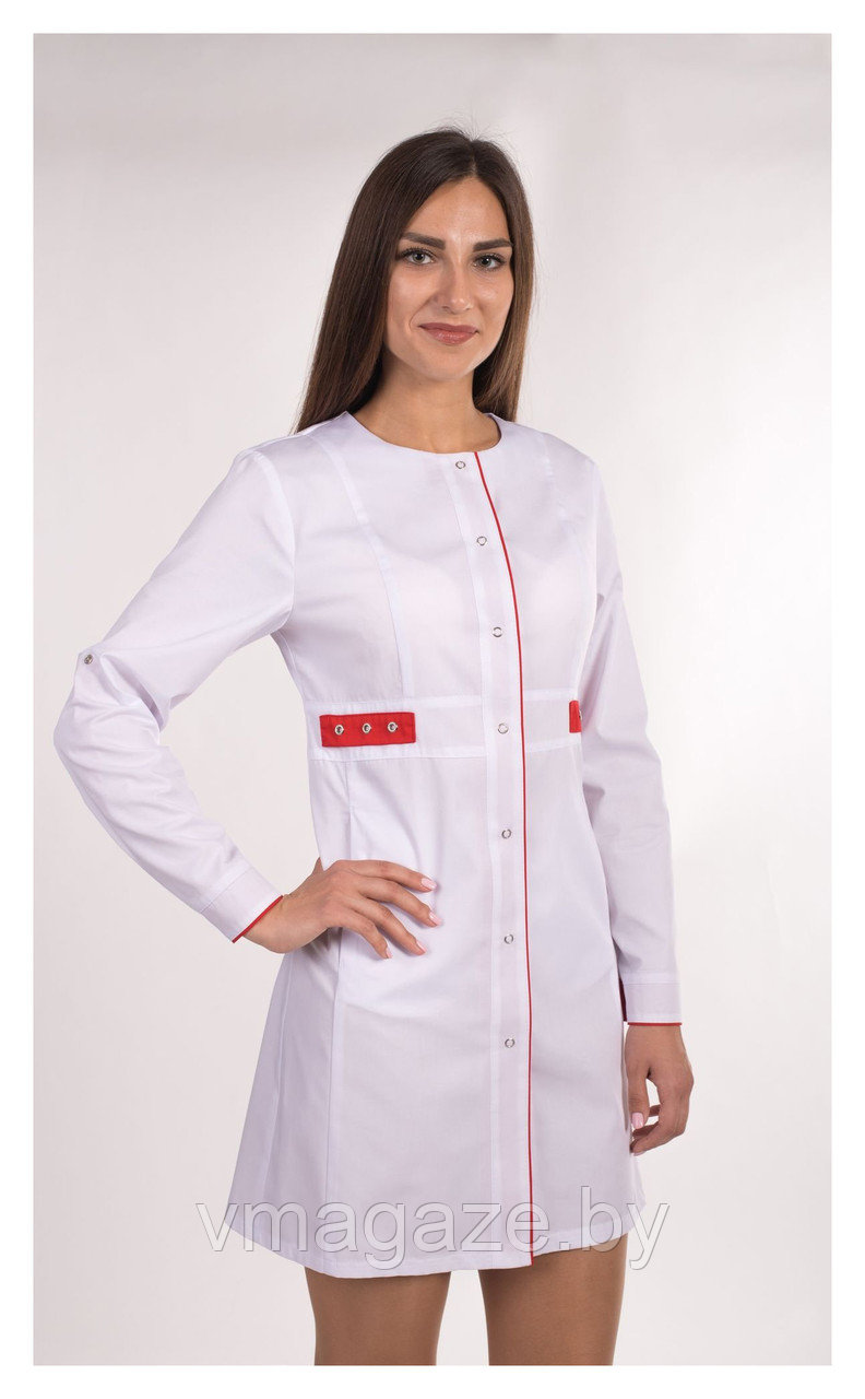 Медицинский халат, женский (отделка малиновая, цвет белый) - фото 3 - id-p176540796