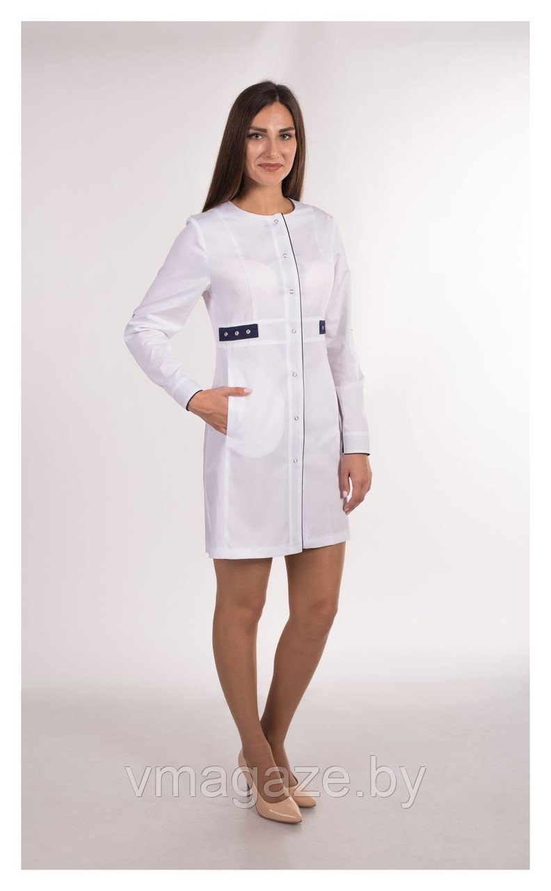 Медицинский халат, женский (отделка т-синяя, цвет белый) - фото 1 - id-p176540797